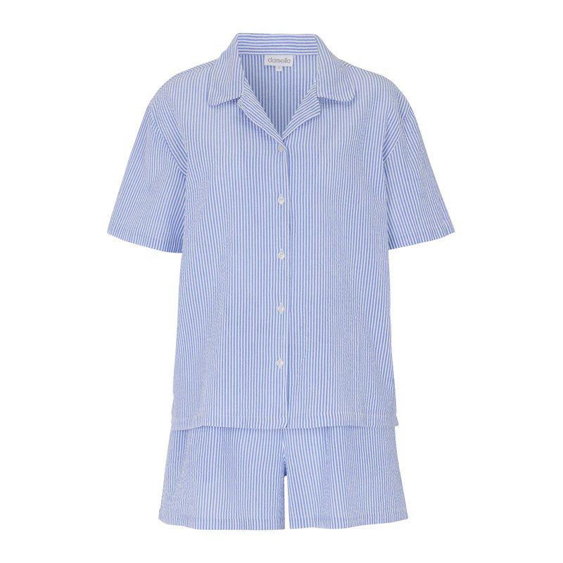 Nomi Stripe Pyjamas i Bomulls-seersucker - Blue stripe